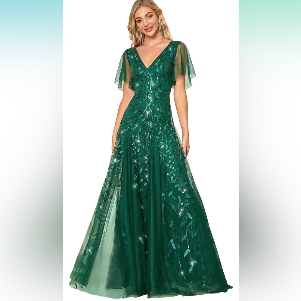 Ever Pretty Deep Emerald Green Sequin Tulle Maxi Gown